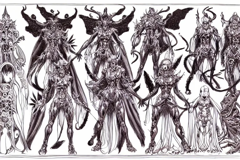 Image similar to study of a group of demons, character design sheet with intricate linework, in the style of moebius, ayami kojima, 9 0's anime, retro fantasy