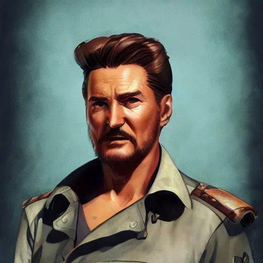 Image similar to a highly detailed epic cinematic concept art CG render digital painting artwork costume design: Errol Flynn as a 1950s sly army mechanic engineer with a thick stubble. By Greg Rutkowski, Ilya Kuvshinov, WLOP, Stanley Artgerm Lau, Ruan Jia and Fenghua Zhong, trending on ArtStation, subtle muted cinematic colors, made in Maya, Blender and Photoshop, octane render, excellent composition, cinematic atmosphere, dynamic dramatic cinematic lighting, aesthetic, very inspirational, arthouse