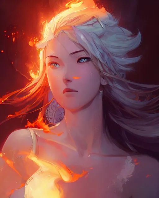 Prompt: the goddess of fire, spunk and intense beauty, full shot, atmospheric lighting, detailed face, by makoto shinkai, stanley artgerm lau, wlop, rossdraws