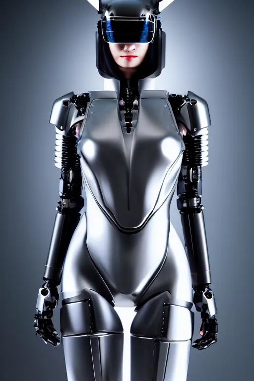 Image similar to cybernetic ultra high tech female catgirl knight, sci - fi, high technologies, cyberpunk, futurism, nextgen, exoskeleton, strong artificial intelligence, symmetry, cinematic, elegant, luxury, professional studio light, perfect composition, dlsr photography, sharp focus, 8 k, ultra hd, sense of awe, highly detailed, realistic, intricate, science journal cover