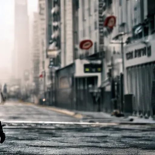 Prompt: dark picture of a t 8 0 0 walking on a desolate city, 8 k, uhd, sharp focus, 2 0 0 mm