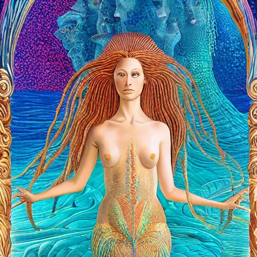 Image similar to intricate detail, gilbert williams and sandro botticelli portrait of tan sumerian mermaid goddess atargatis, princess intergalactica, with aqua neon rapunzel dreadlocks adorned in seashells, near crystal temple in atlantis, iridescent dolphins swimming in the sea, unicorn flying in the sky, paleozoic atlantis