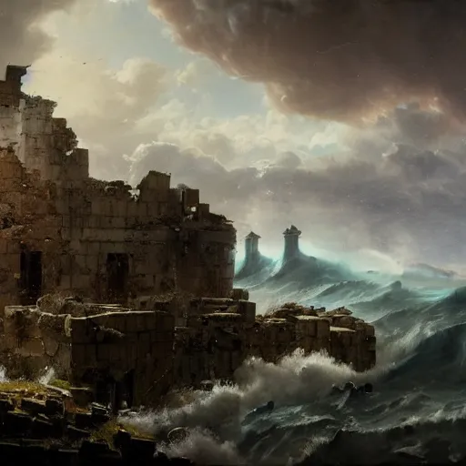 Image similar to Panorama view of a hurricane lifting the ruins of a bastion into the sky, flying island, oil painting, by Greg Rutkowski