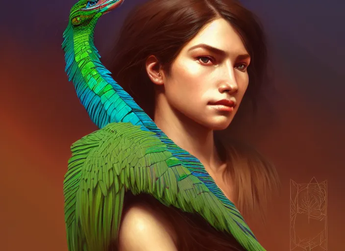 Image similar to portrait of quetzal ( ark survival evolved ), intricate, elegant, highly detailed, digital painting, artstation, concept art, smooth, sharp focus, illustration, art by artgerm and greg rutkowski and alphonse mucha, 8 k