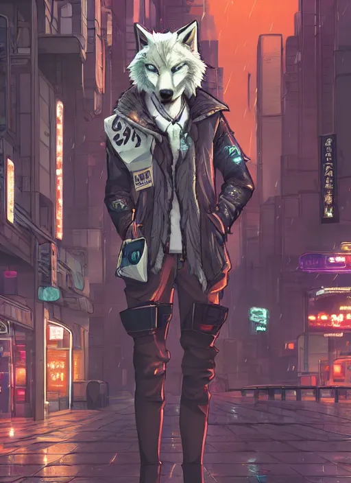 Image similar to character portrait of a male anthro wolf fursona with a tail and a cute beautiful attractive detailed furry face wearing stylish cyberpunk clothes in a cyberpunk city at night while it rains. hidari, color page, tankoban, 4K, tone mapping, Akihiko Yoshida.