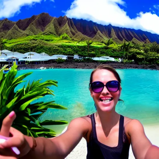 Image similar to A tourist taking a selfie at a tourist resort in Hawaii