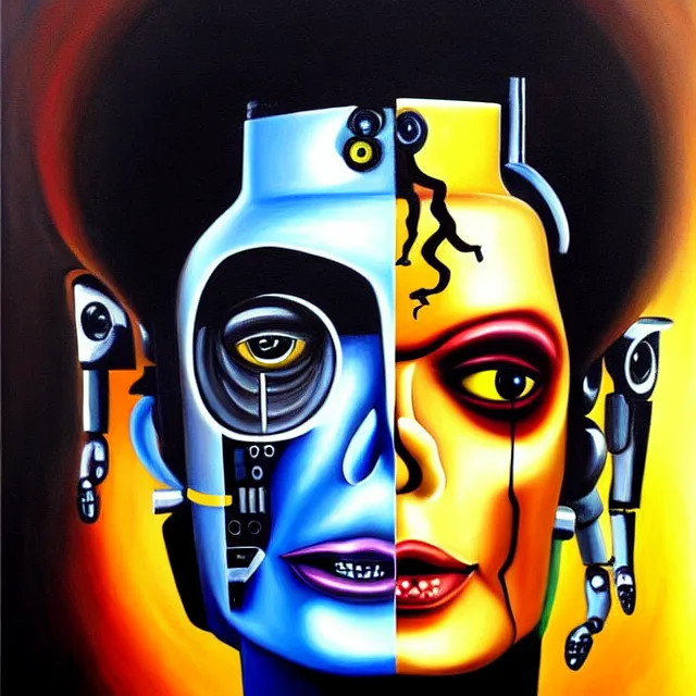 Prompt: a beautiful painting cyberpunk robot michael jackson face, by salvador dali realistic oil painting