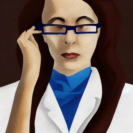 Image similar to dramatic dark painting digital art of brown hair female scientist wearing white lab coat, looking concerned