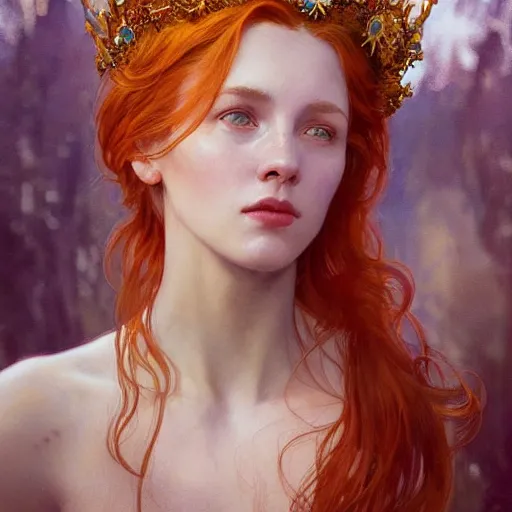 Image similar to beautiful watercolor painting of a young red hair woman wearing a crown of long golden fish, intricate, elegant, highly detailed, digital painting, artstation, concept art, smooth, sharp focus, art by krenz cushart and artem demura and alphonse mucha, dynamic lighting, ultrarealistic, cinematic, octane render, 8 k