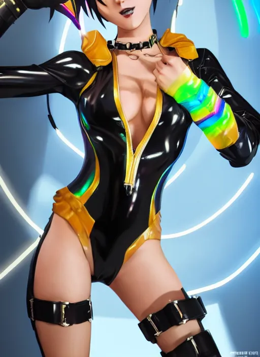 Image similar to full body digital artwork of tracer overwatch, wearing black iridescent rainbow latex swimsuit, 4 k, expressive happy smug expression, makeup, in style of mark arian, wearing detailed black leather collar, wearing chains, black leather harness, leather cuffs around wrists, detailed face and eyes,