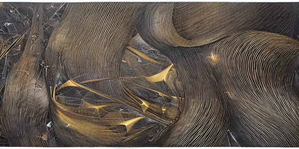 Prompt: knitting gold zaha hadid architecture by aaron horkey