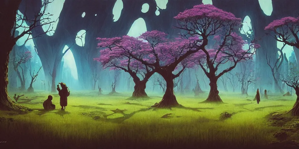 Image similar to 90s oak trees forest with big wild flowers windows, figures, soft neon lights, bright colors, cinematic, cyberpunk, smooth, chrome, lofi, nebula, calming, dramatic, fantasy, by Moebius, by zdzisław beksiński, fantasy LUT, studio ghibli, high contrast, epic composition, sci-fi, dreamlike, surreal, angelic, 8k, unreal engine, hyper realistic, fantasy concept art, XF IQ4, 150MP, 50mm, F1.4, ISO 200, 1/160s, natural light, Adobe Lightroom, photolab, Affinity Photo, PhotoDirector 365