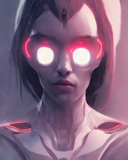 Image similar to a cyborg demon girl, flawless symmetrical pretty cute face, greg rutkowski, 8 k, shallow depth of field, intricate detail, concept art,