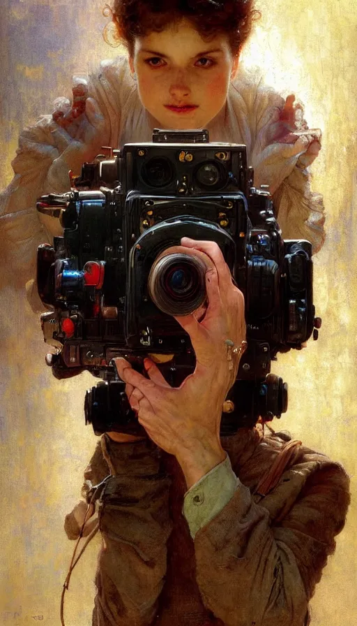 Image similar to hyper realistic photographer looking through camera, magical, painted by james gurney, norman rockwell, tom bagshaw, mucha, gaston bussiere, craig mullins, j. c. leyendecker 8 k