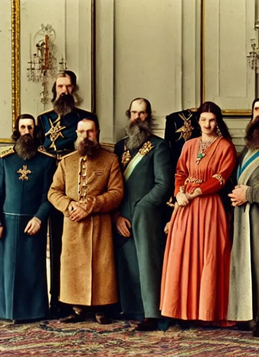 Prompt: a royal court gathering of tsar nicholas, rasputin, circa 1 9 1 4 but as a real life color photo