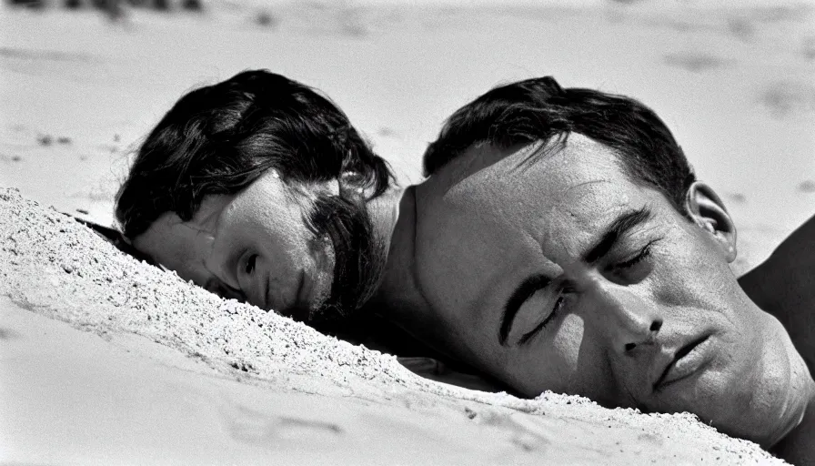 Prompt: 1 9 6 0 s movie still close up of marcus atilius regulus eyelids riped off looking directly at the sun his body buried in the sand, cinestill 8 0 0 t 3 5 mm b & w, high quality, heavy grain, high detail, texture, dramatic light, anamorphic, hyperrealistic, detailed hair