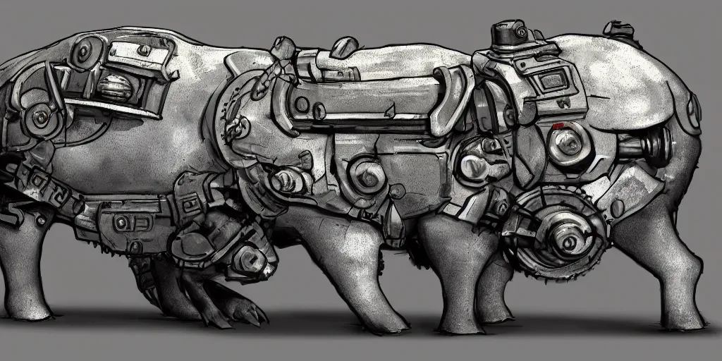 Prompt: concept art of a strong geared metal pig machine