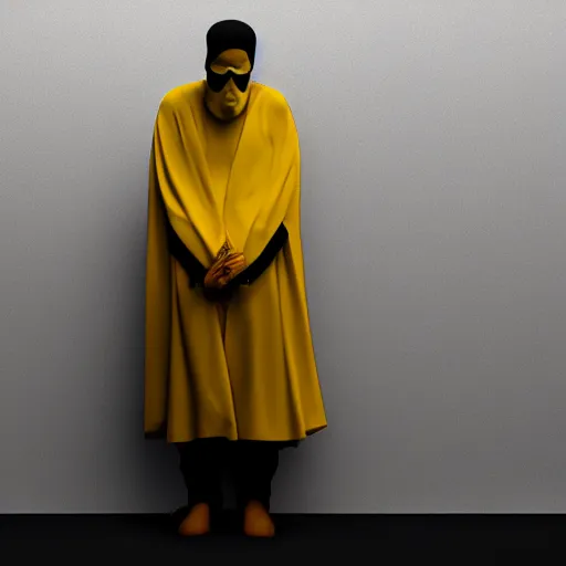 Image similar to award - winning. trending on artstation. cinematic. expressive. a faceless man wearing layered yellow robes while a black hole floats behind them. dark background.