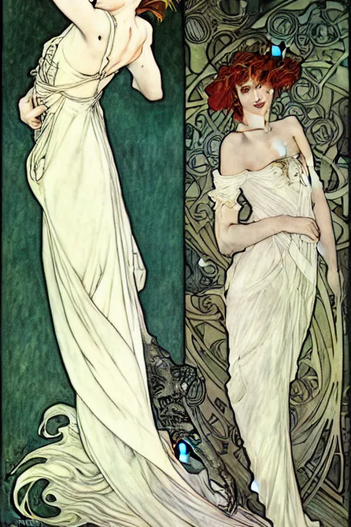 Image similar to in the style of artgerm, arthur rackham, alphonse mucha, evan rachel wood, flowing white dress