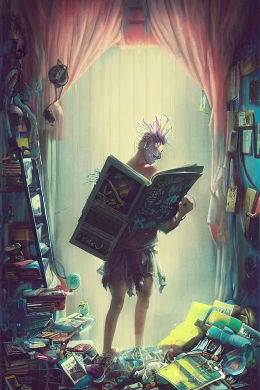 Image similar to cybergoth guy reading a book in a cluttered messy 9 0 s bedroom, artgerm, tom bagshaw, gerald brom, vaporwave, vaporwave colors, 9 0 s, 9 0 s aesthetic, perfect face, detailed face, symmetrical face,