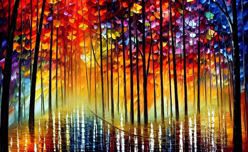 Prompt: walking through a gloomy forest in the rain at night by leonid afremov, oil painting!!!, intricate details!!!, fine brush!!!!!!