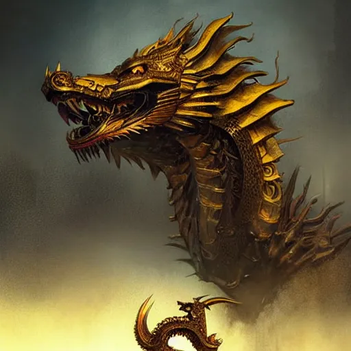 Prompt: brutalist golden chinese dragon, digital art, by seb mckinnon and artgerm and greg rutkowski, featured on artstation