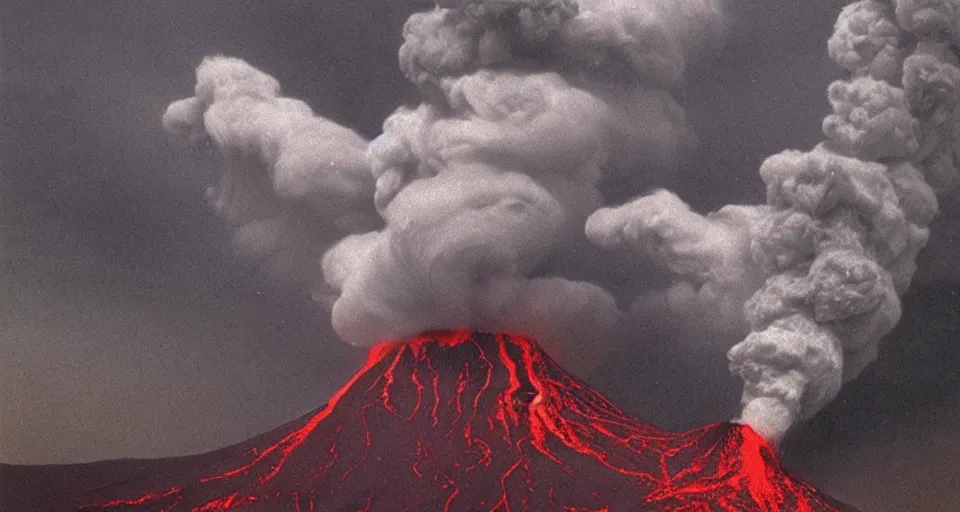 Prompt: a volcano made of ivory vines and crimson rocks enters in eruption, it spits a smoke in the shape of demonic eye, by James Gurney