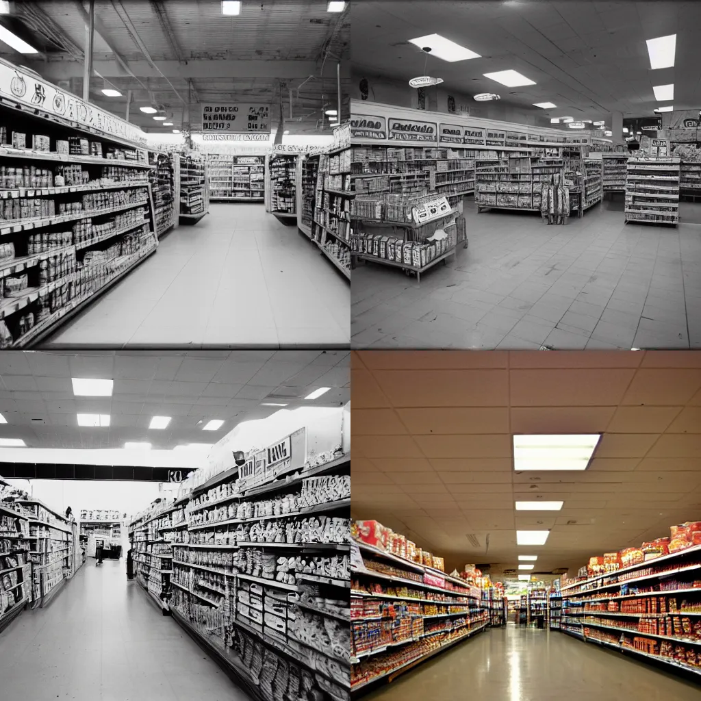 Prompt: interior of the ghost supermarket, Kodak, 16mm,