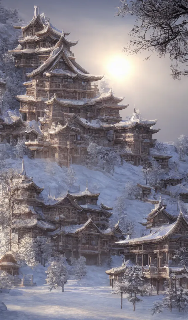 Prompt: a scene concept design depicting a snow - covered palace in the changbai mountains under the shine of the sun, with a magnificent atmosphere ， super wide angle ， matte painting ， rtx on ， in fenghua zhong style ， trending on cgsociety and artstation, unreal engine ， volumetric light ，