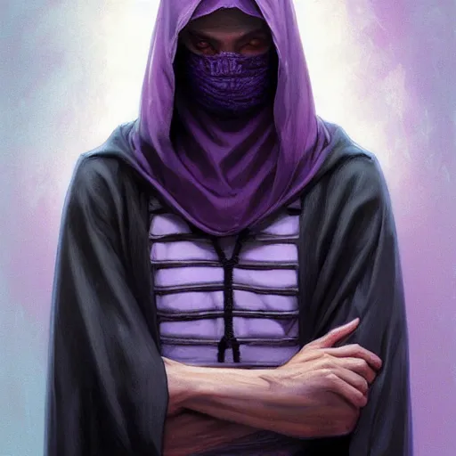 Image similar to ultra realistic illustration, man in a black hood, in a striped purple balaclava, mysterious, highly detailed, digital painting, artstation, concept art, smooth, sharp focus, illustration, art by artgerm and greg rutkowski and alphonse mucha