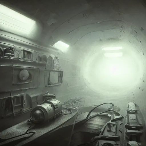 Image similar to Concept art, inside an narrow room of an empty ussr submarine, messy, foggy and dark, littles light shafts coming from little holes, photorealism, 8k, cinematic, high details, neat