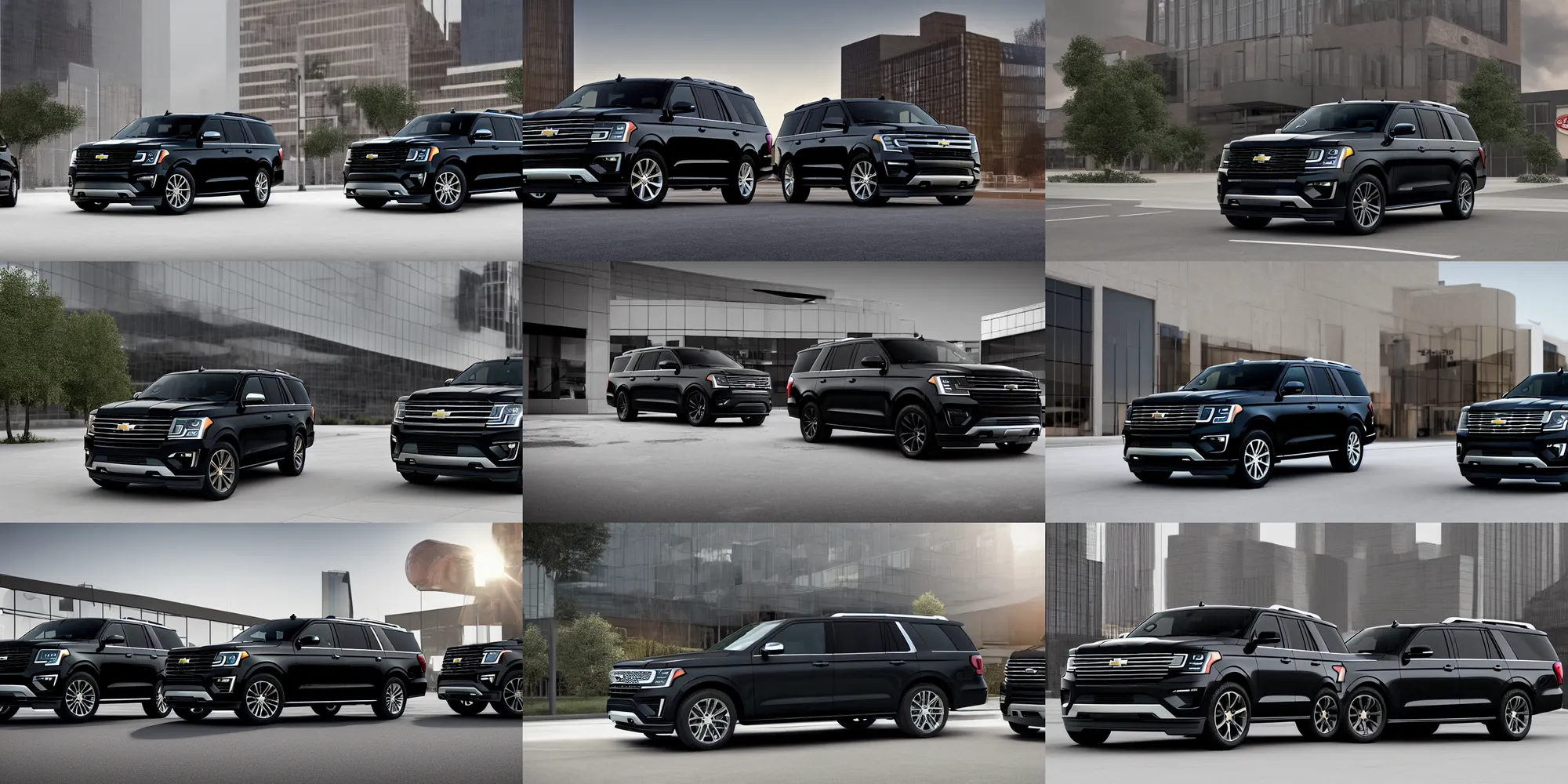 Image similar to a black suv inspired by a 2 0 2 2 chevrolet suburban and 2 0 2 2 ford expedition parked in front of an office building, a digital rendering by the family circus, trending on cg society, regionalism, ue 5, rendered in unreal engine, ultrafine detail