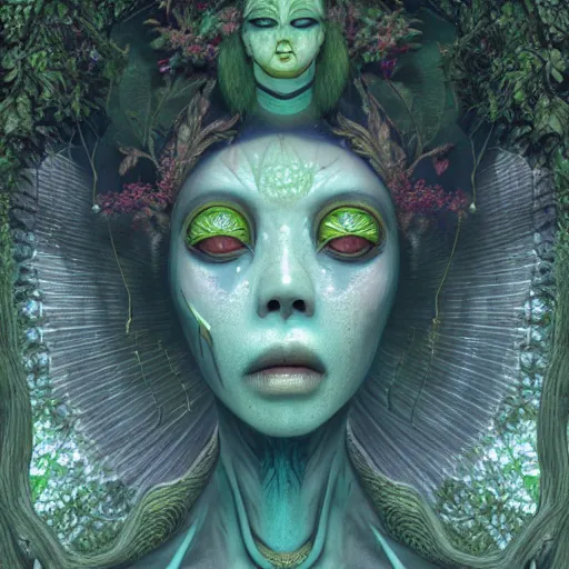 Prompt: symmetry!!, ( decaying corpse of an african moon goddess ), deep inside a temple overgrown with vegetation, by casey weldon and chie yoshii and afarin sajedi, global illumination, radiant light, god rays, bokeh, digital illustration, cg society, unreal engine 5, ray tracing