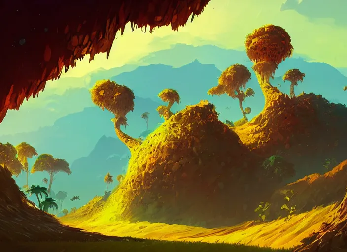 Image similar to concept art of a landscape made of bananas, cel shaded, in the style of makoto shinkai and moebius and peter mohrbacher and anton fadeev