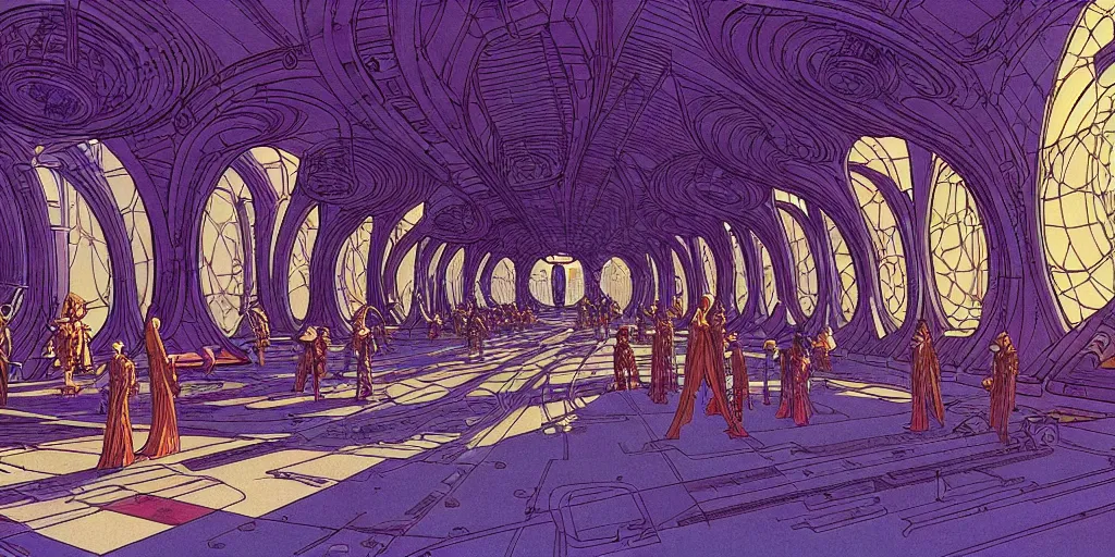 Image similar to cel shaded cinematic shot of the interior of a sci-fi space station with ornate Elven architecture bustling with various intelligent alien species, epic castle, emerald, crystalline, detailed illustration, sharp focus, crisp lines, art by Moebius, Jean Giraud Moebius comic illustration