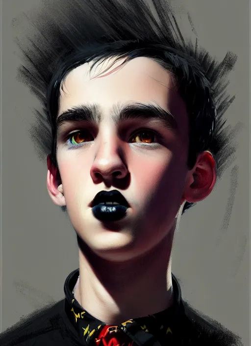 Prompt: portrait of a teen boy with a crooked nose and a confident expression, 1 9 6 0 s, black clothes, goth, punk, brightly coloured hair, funk, intricate, elegant, highly detailed, digital painting, artstation, concept art, smooth, sharp focus, illustration, art by wlop, mars ravelo and greg rutkowski