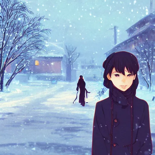 Image similar to anime woman in the winter in an old russian town, by Makoto Shinkai