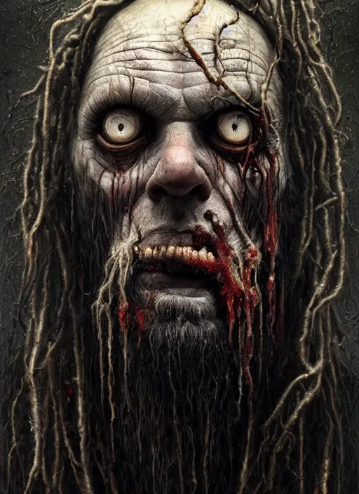 Image similar to portrait of a 6 0 year old giant man zombie with long tattered tangles of thinning black hair, eerie glowing eyes, wall hanging trophy taxidermy, hyper realistic head, fantasy art, in the style of greg rutkowski, zdizslaw beksinski, intricate, alphonse mucha, hyper detailed, smooth