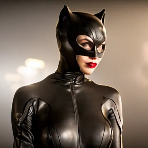 Image similar to real-life Catwoman, cinematic, Low angle, atmospheric fog and lighting, directed by Michael Bay, high detail, 8K, movie still