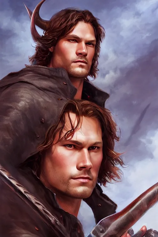 Image similar to front portrait of attractive sam winchester as a highlander in a romance book, fantasy style, sharp focus!, ultra detailed, art by artgerm and peter andrew jones, wlop