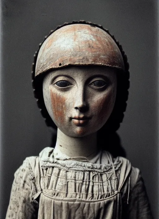 Image similar to realistic photo of a a medieval antique old wooden of a girl doll sculpture dressed white spherical hat helmet, covered in eyes pattern, greyscale grain 1 9 9 0, life magazine photo, natural colors, metropolitan museum, kodak