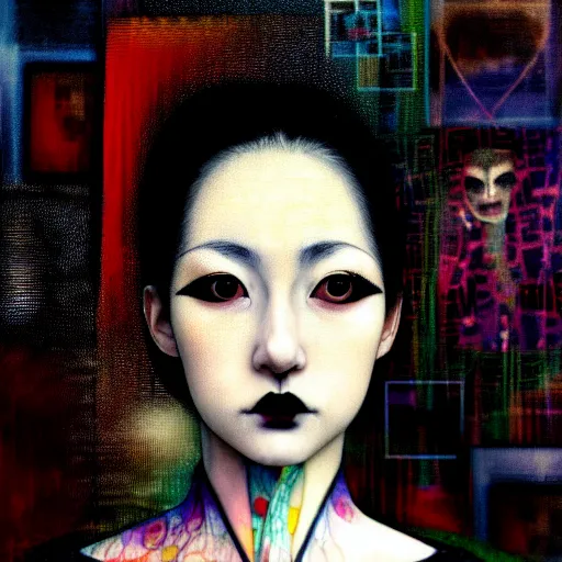 Image similar to yoshitaka amano blurred and dreamy realistic three quarter angle portrait of a young woman with black lipstick and black eyes wearing dress suit with tie, junji ito abstract patterns in the background, satoshi kon anime, noisy film grain effect, highly detailed, renaissance oil painting, weird portrait angle, blurred lost edges