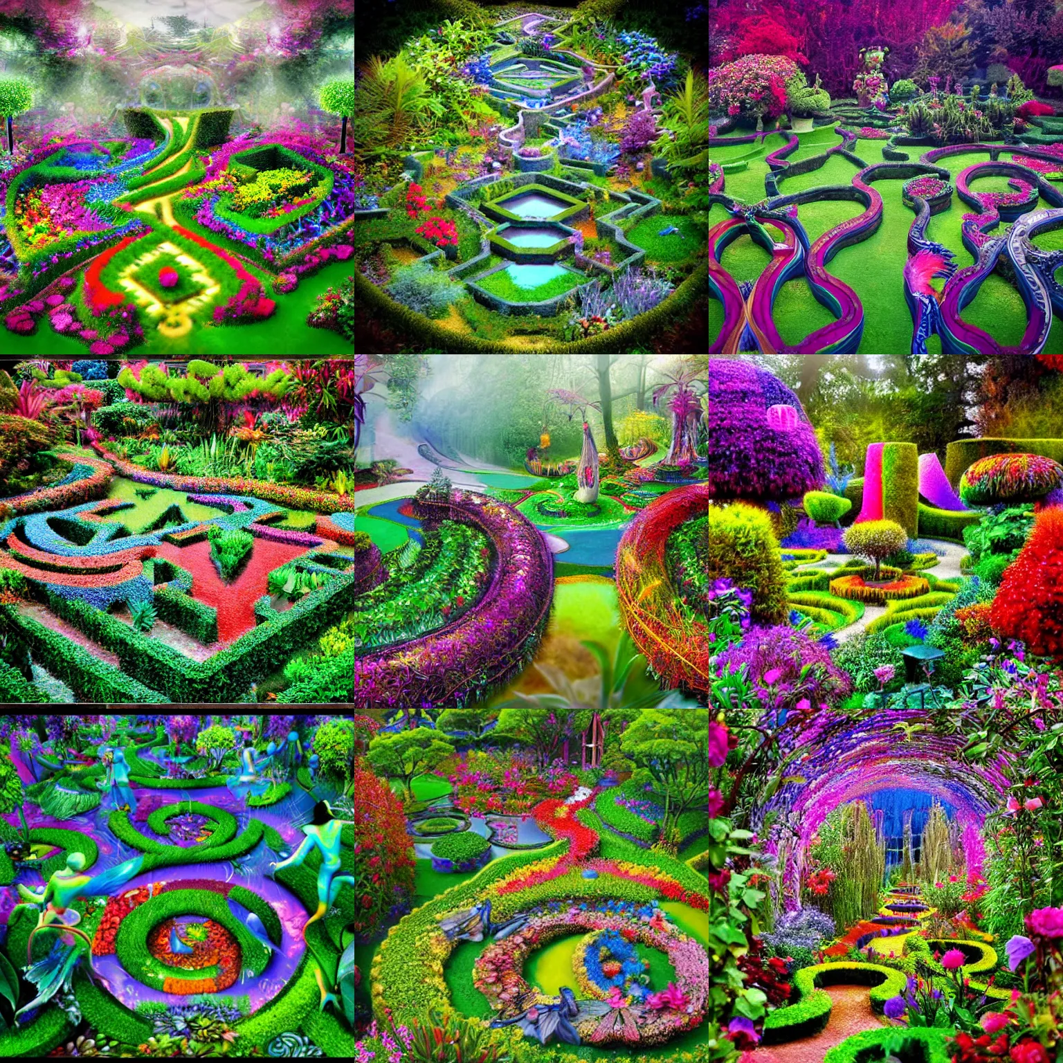 Prompt: three dimensional floating exotic colorful garden maze retreating into silver mist, enchanted, mystical, sacred, otherworldly, fairy tale, exquisite detail, magical, mysterious