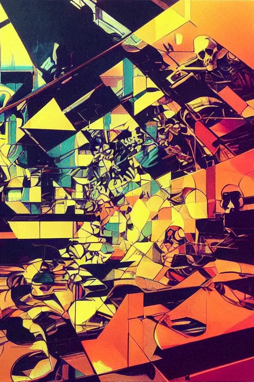Prompt: wideangle action, a skull lost in tensor fields, decoherence, synthwave, glitch!!, fracture, realistic, hyperdetailed, concept art, golden hour, art by syd mead, cubism