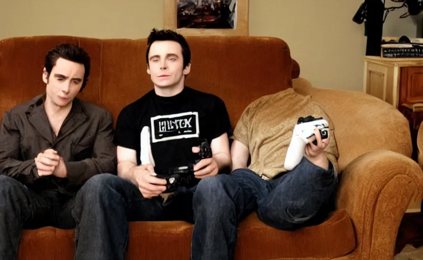 Image similar to john travolta and elijah wood sitting on a couch playing video game xbox ps 2