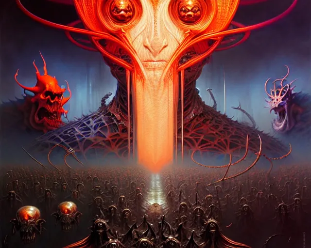 Image similar to the army of hell, fantasy character portrait made of fractals facing each other, ultra realistic, wide angle, intricate details, the fifth element artifacts, highly detailed by peter mohrbacher, hajime sorayama, wayne barlowe, boris vallejo, aaron horkey, gaston bussiere, craig mullins