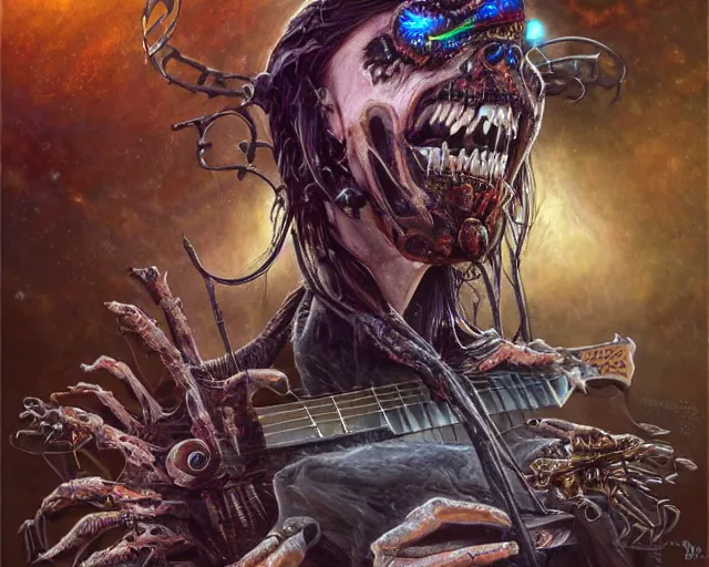Prompt: Death by rock and roll, very detailed and beautiful face, screaming, electric guitar, mechanical insects. Horror, music, artwork by artgerm, centered shot, wide angle, full body, islandpunk, solarpunk, DD, fantasy, highly detailed, digital painting, artstation, smooth, sharp focus, art by thomas kinkade and H.R. Giger and Kevin Swartz