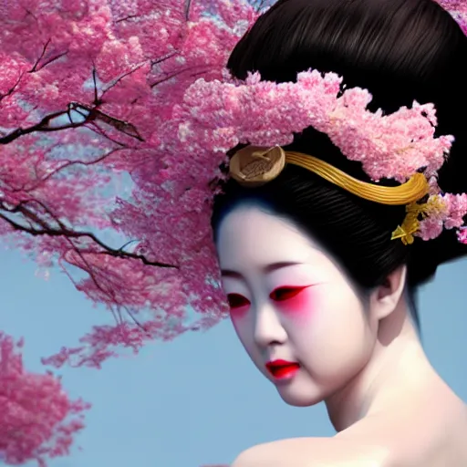 Image similar to extremely beautiful geisha gazing into camera lens, hyper realistic 3 d digital art, cherry blossom pedals floating around, trending on artstation