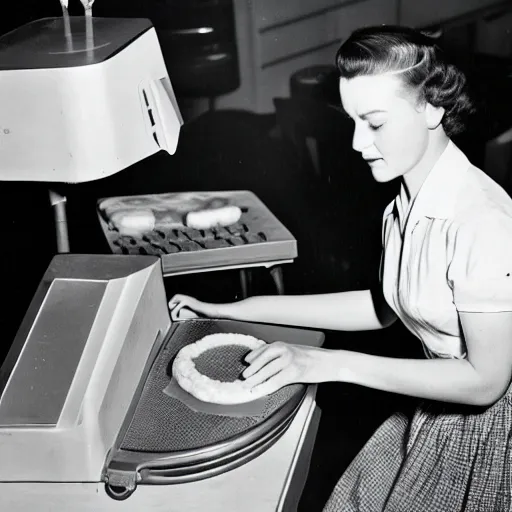 Prompt: an early 1950s photo of someone on a computer making a donut in blender