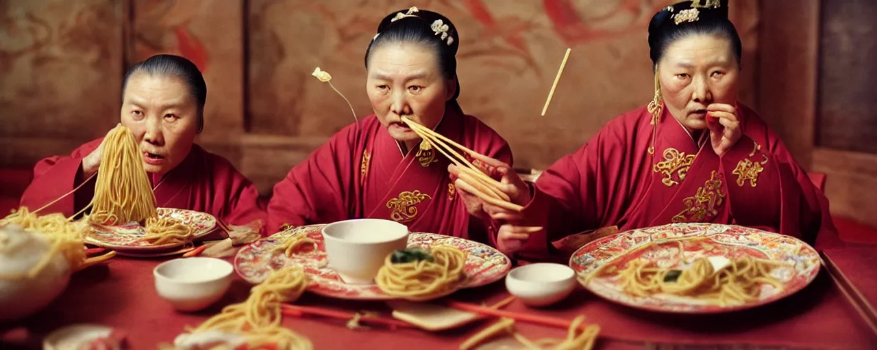 Prompt: empress wu ze tian of china eating spaghetti alone in her palace, 6 9 0 ad, canon 2 8 mm, kodachrome, retro, in the style of wes anderson, photograph, realistic expressions, detailed faces, exquisite detail, soft focus